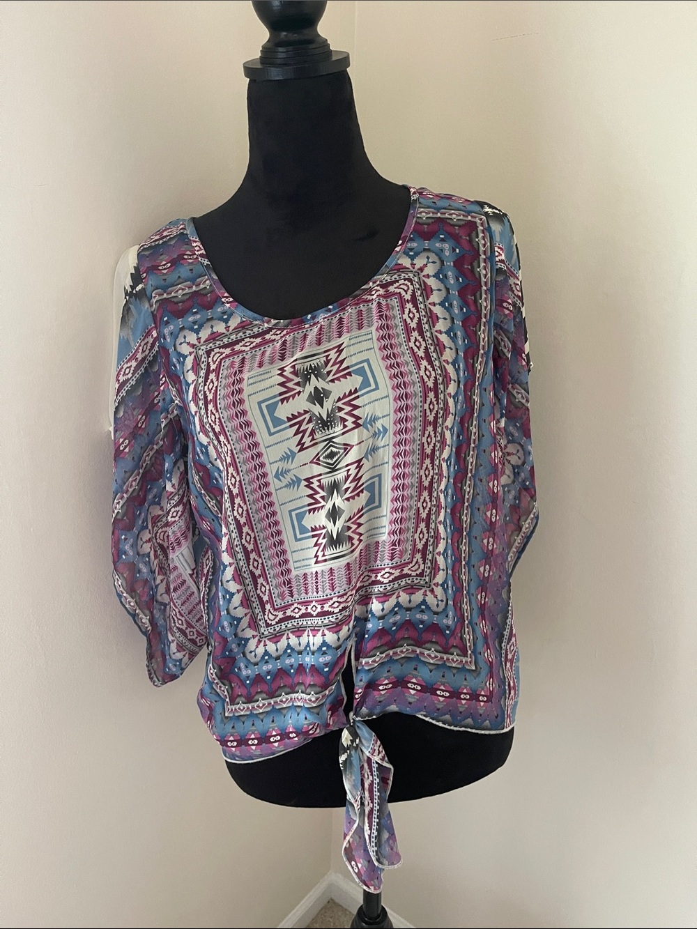ONE WORLD Blue & Purple Geometric Tie-Front Blouse